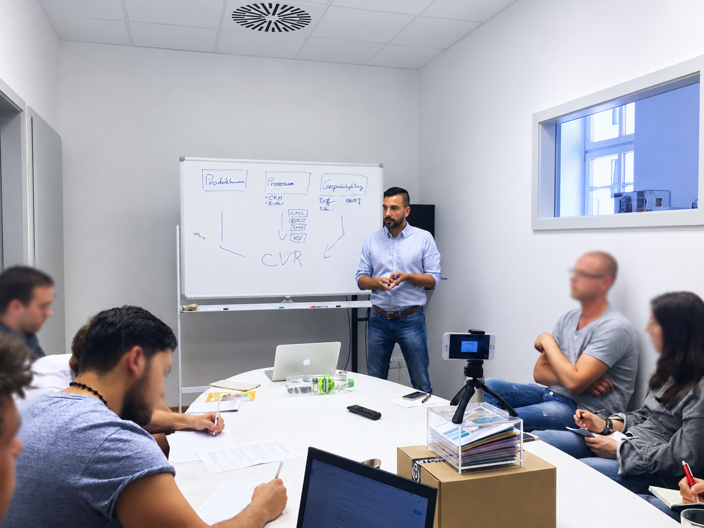 Sales Team Training bei einer Online-Handwerkerplattform: Florian B. Stegmann am Whiteboard mit Produktvision, Prozessen, Gesprächsführung und CVR