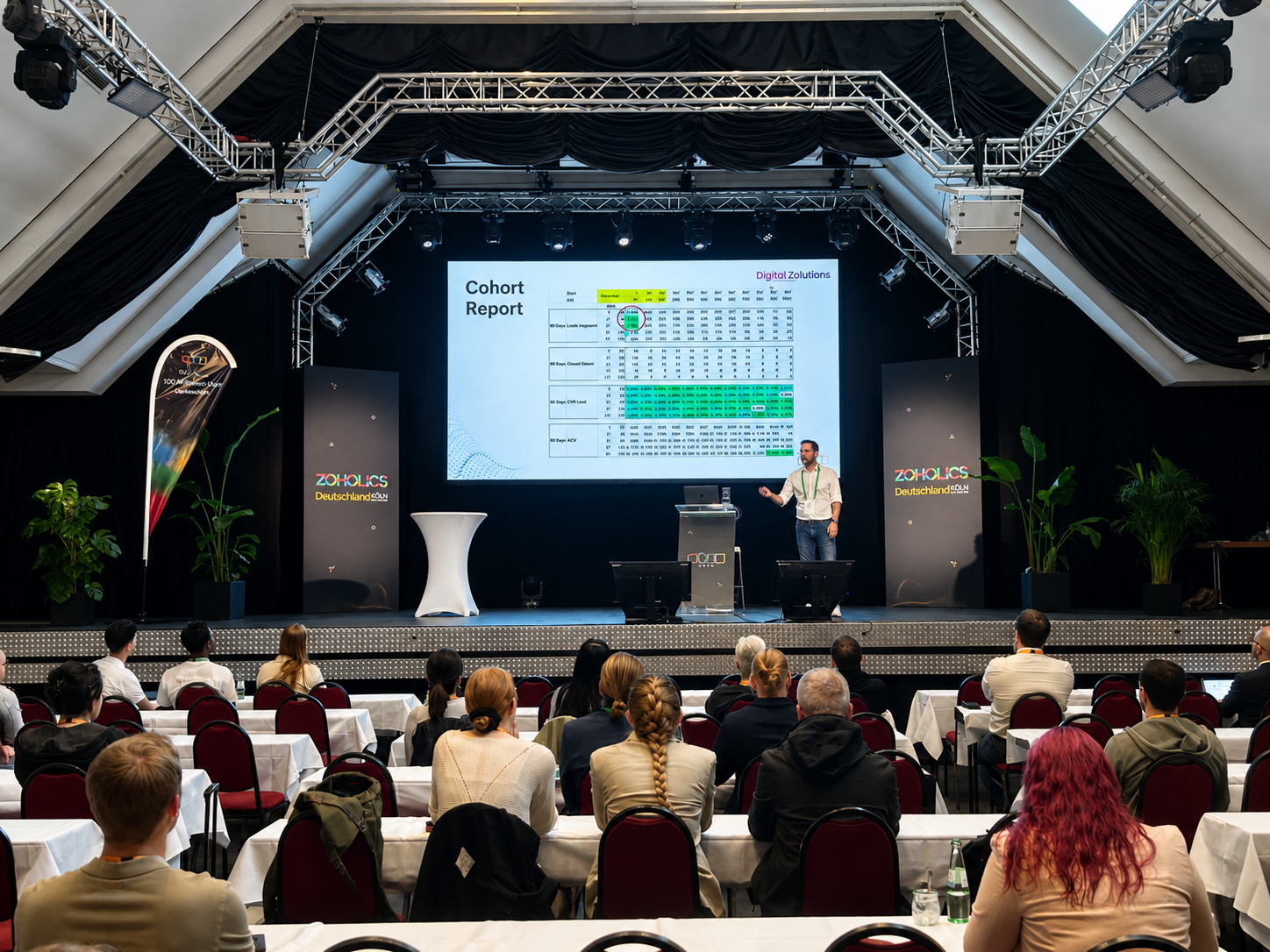 Florian B. Stegmann als Speaker auf der Zoholics 2023 in Köln, auf der Bühne vor einem Cohort Report zur Vertriebssteuerung mit CRM