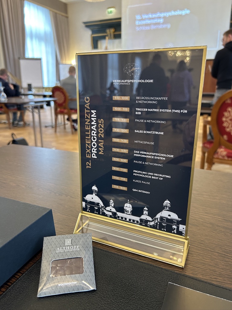 12. Verkaufspsychologie Exzellenztag im Schloss Bensberg: Programm mit Trigger Matrix System, Sales Schatztruhe und Profiling-Psychologie (Mai 2025)