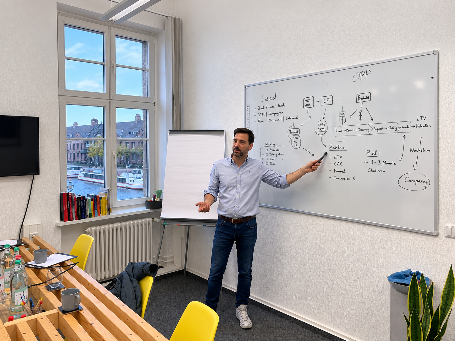 Workshop zur Definition der Customer Journey: Whiteboard mit Lead, Kontakt, Discovery, Angebot, Closing, Kunde, Retention sowie LTV, CAC und Funnel-Kennzahlen